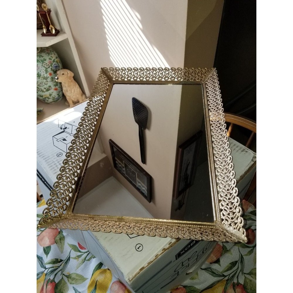 Vanity Dresser Mirror Tray with Filagree Gold Tone Metal Frame Vintage Rectangle - Picture 2 of 11